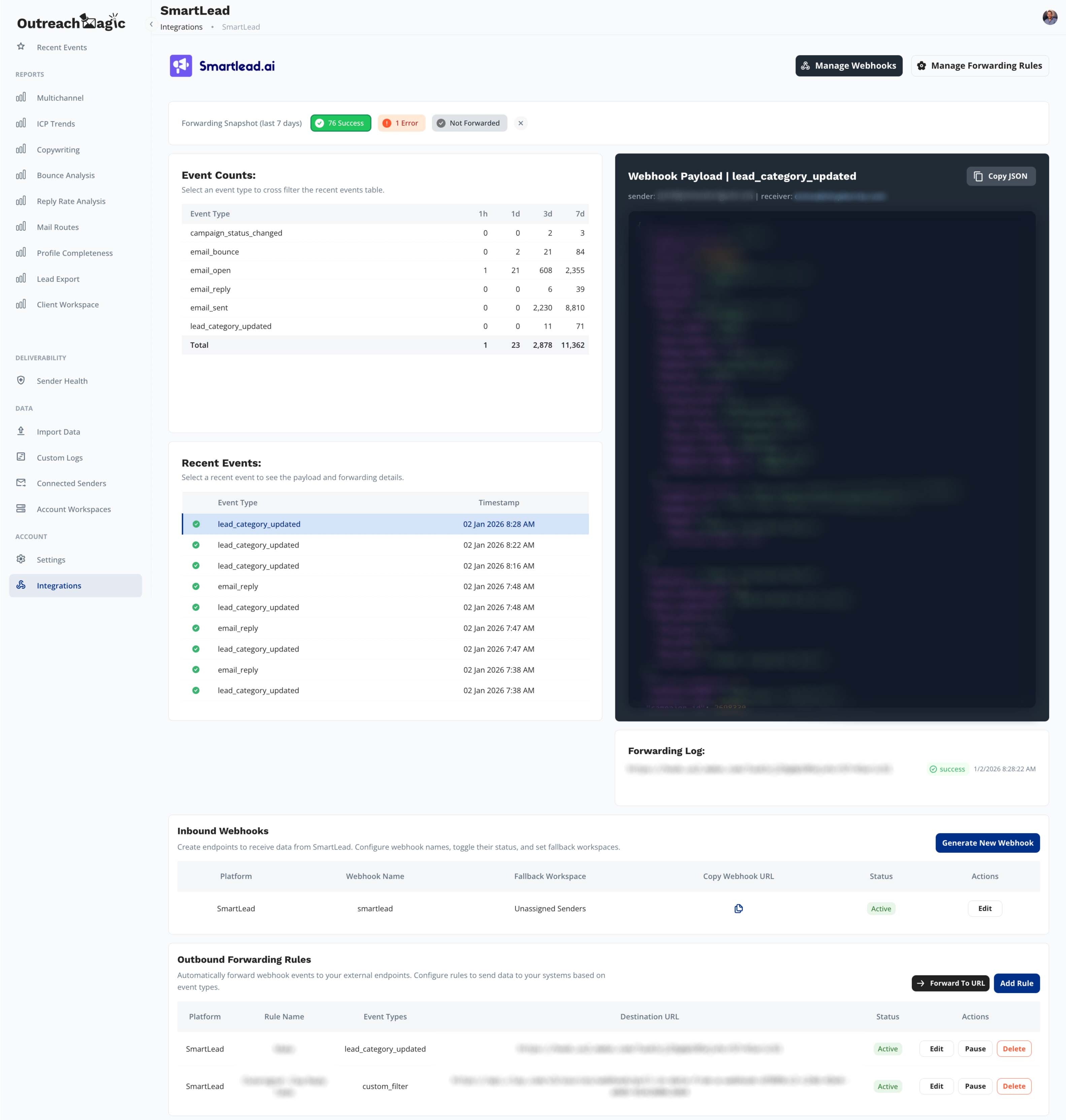 Outreach Magic routing Smartlead webhooks to multiple destinations