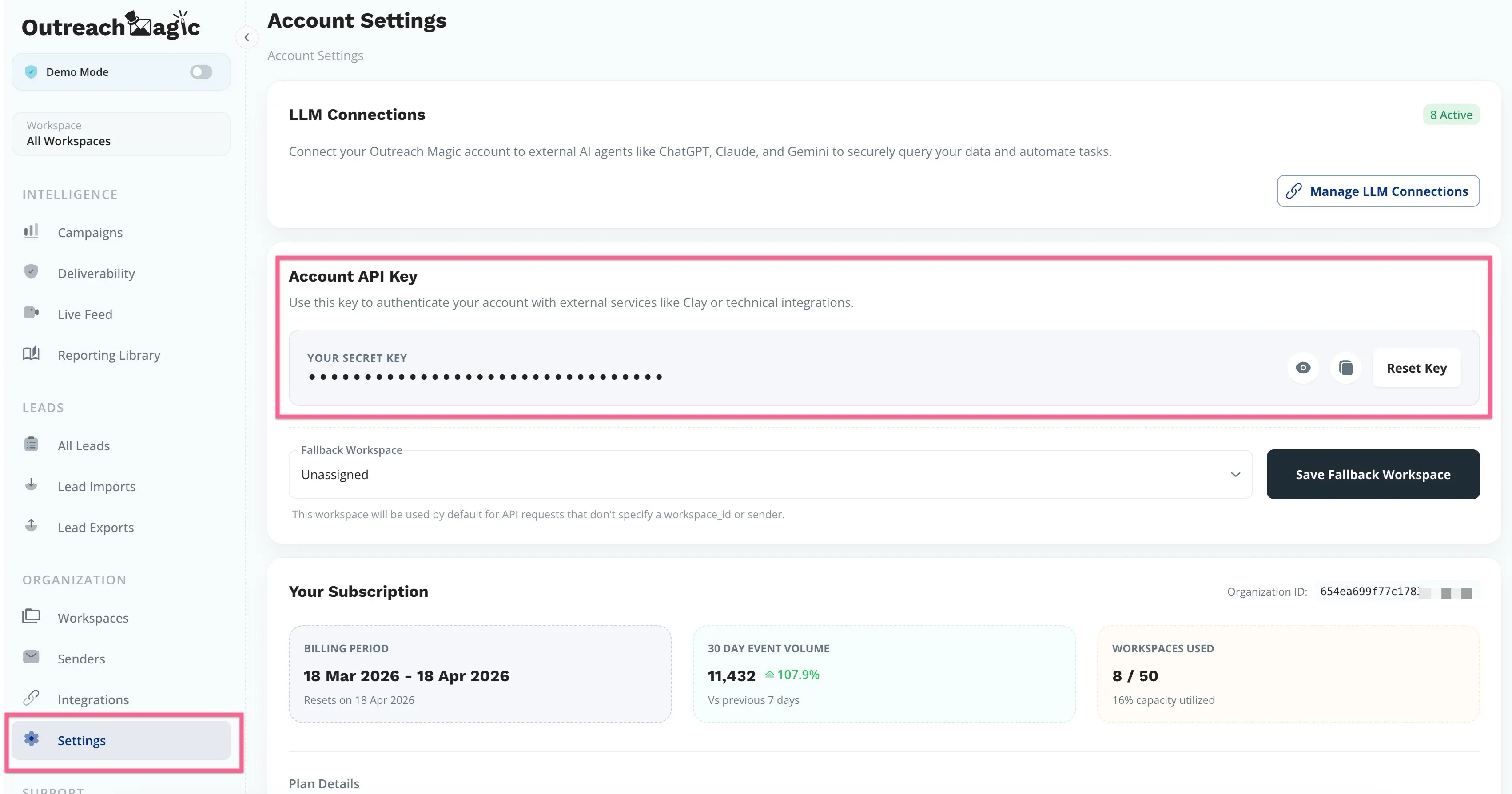 Finding your API key in Outreach Magic Settings