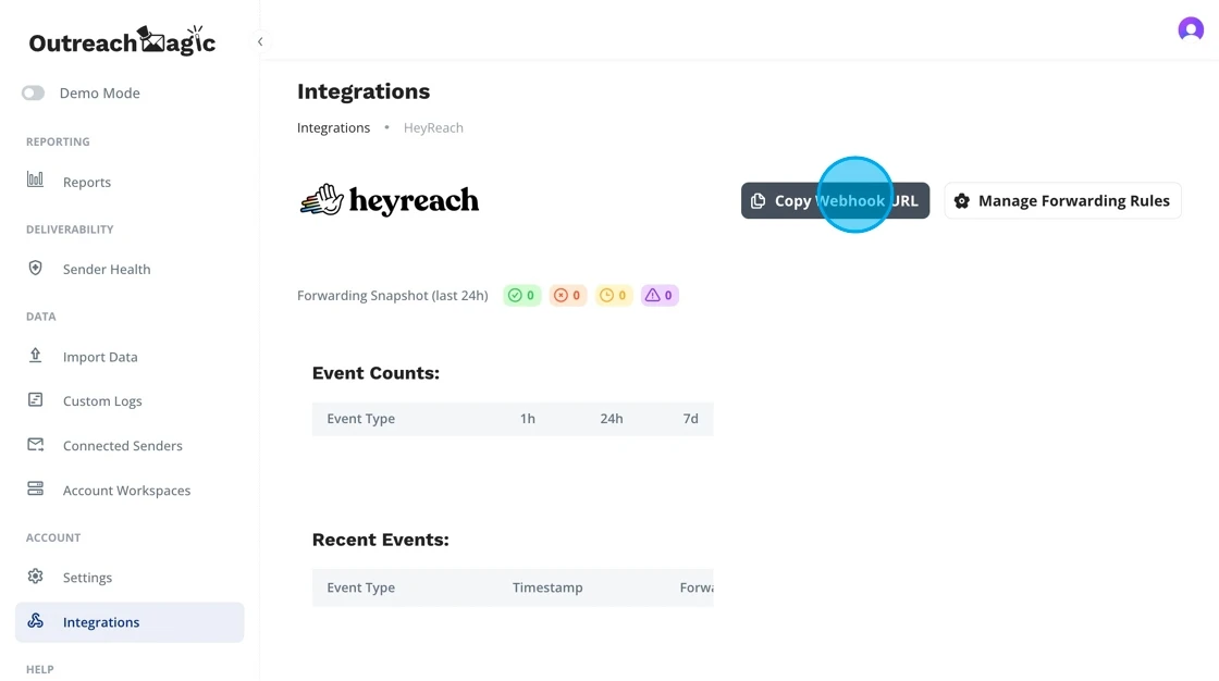 Select HeyReach integration and copy webhook URL