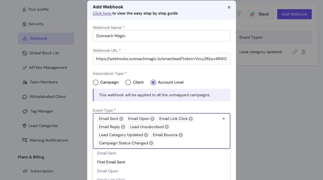Select required events in Smartlead webhook settings