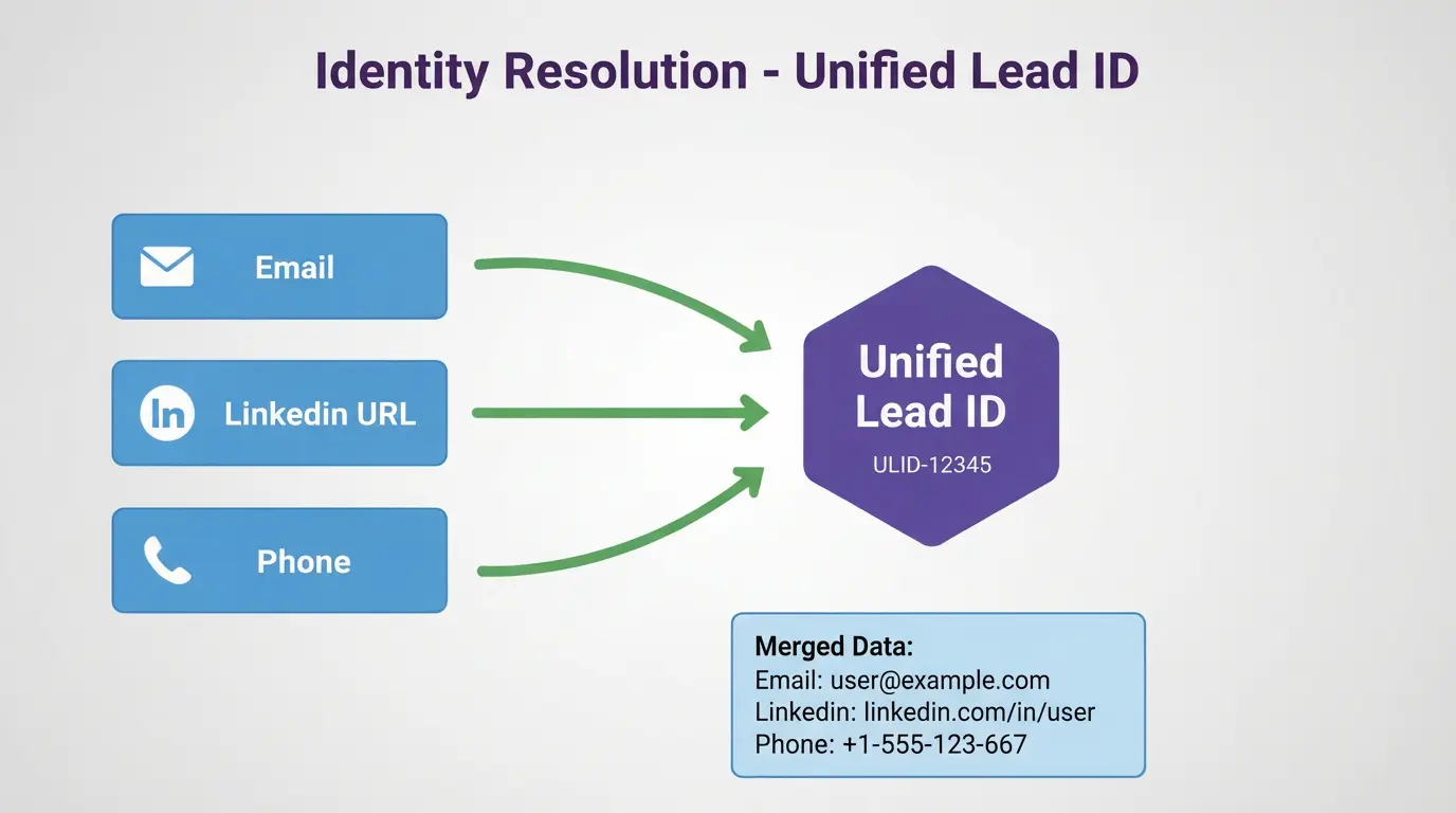 A diagram showing identity resolution: merging Email, LinkedIn URL, and Phone into a single Unified Lead ID