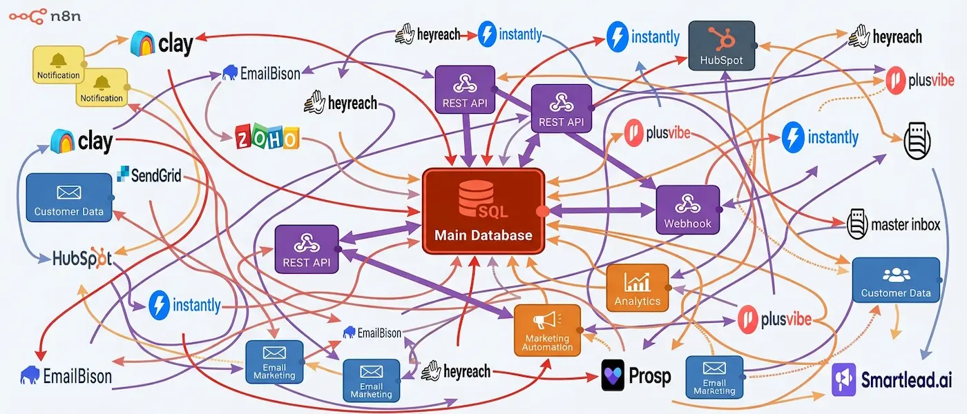 A messy n8n workflow connecting multiple outbound tools to a single database