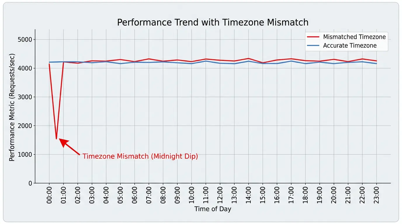 A chart showing the 'Dip' in performance at midnight when using mismatched timezones vs a flat, accurate trend line